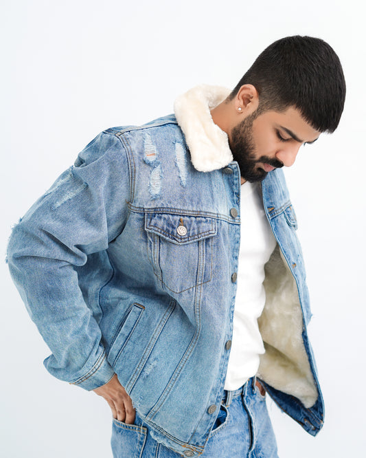 Branded ripped fur denim jacket