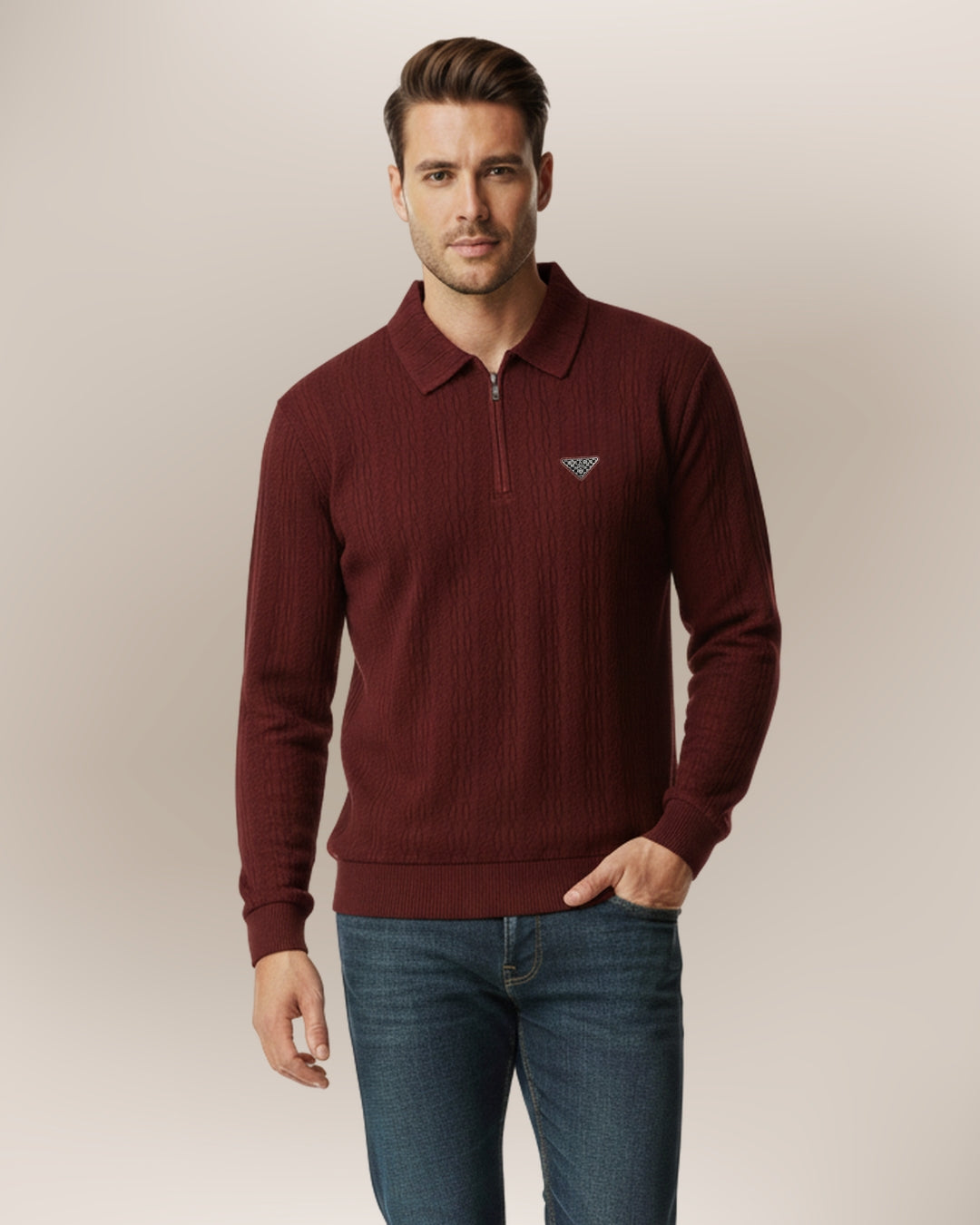 Texture Lycra Drop Needle Winter Zip Polo Sweatshirt
