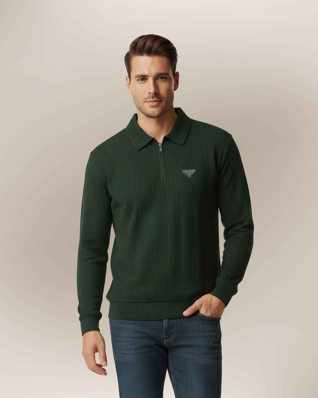 Texture Lycra Drop Needle Winter Zip Polo Sweatshirt