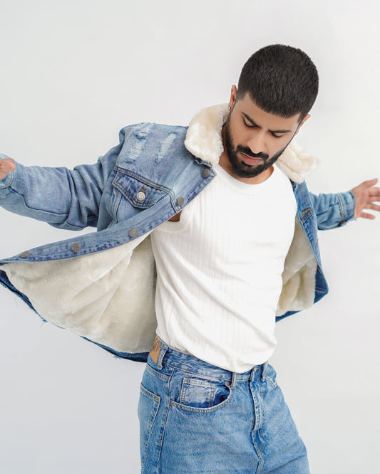 Branded ripped fur denim jacket