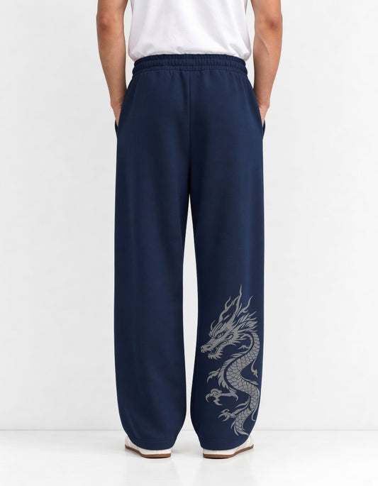 Dragon Print Straight-Leg Fleece Trousers